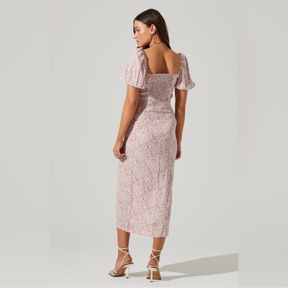 Astr Pink Floral Midi Dress with Puff Sleeves - Picture 2 of 9